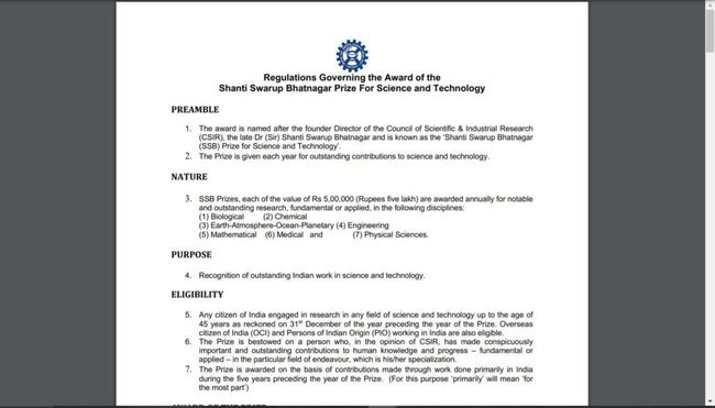 Shanti Swarup Bhatnagar Prize 2022 Application Procedure