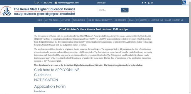 Application Procedure for Chief Minister's Nava Kerala Post-Doctoral Fellowship
