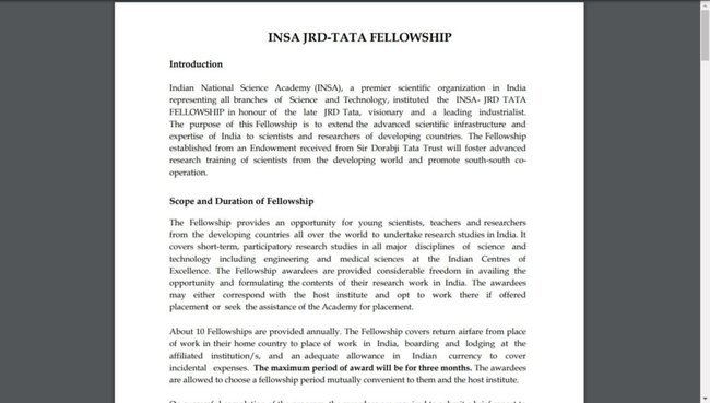 INSA-JRD TATA Fellowship 2022 Application Procedure