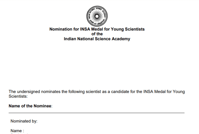INSA Medal for Young Scientists 2022 Application Form
