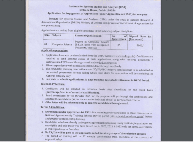 DRDO-ISSA Apprenticeship Application Form