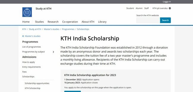 KTH India Scholarship 2023