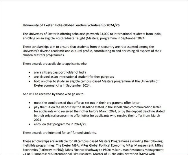 University of Exeter India Global Leaders Scholarship