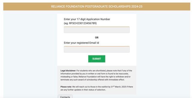 Reliance PG Scholarship Result