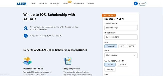 Allen Online Scholarship Test Official Website 
