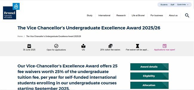 Brunel University Vice Chancellor’s Undergraduate Excellence Award Official Website 