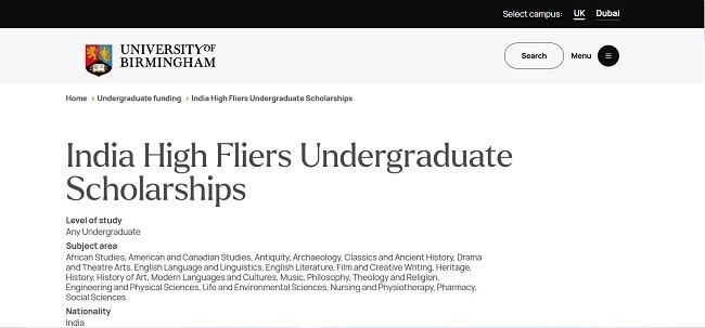 University of Birmingham India High Fliers Undergraduate Scholarships Official Website
